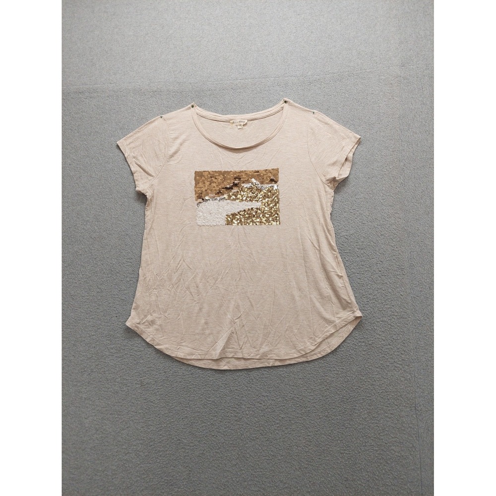 Jane And Delancey Women Top L Cream Sequined Crew Neck Short Sleeve Logo Casual